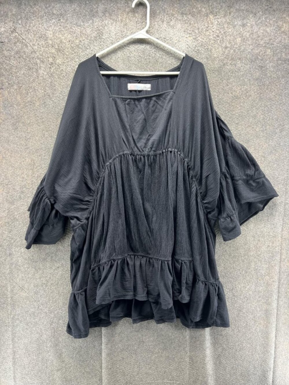 Free People Beach Blouse Women Small Black 3/4 Bell Sleeve Ruffle Tunic Boho